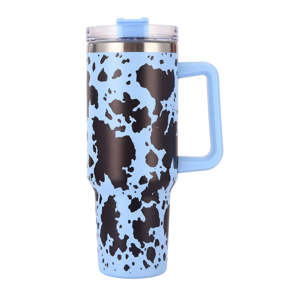 EasyOptionXY 40oz cowprint insulated stainless steel tumbler with handle, straw lid, for outdoor travel, camping, and large-capacity hydration