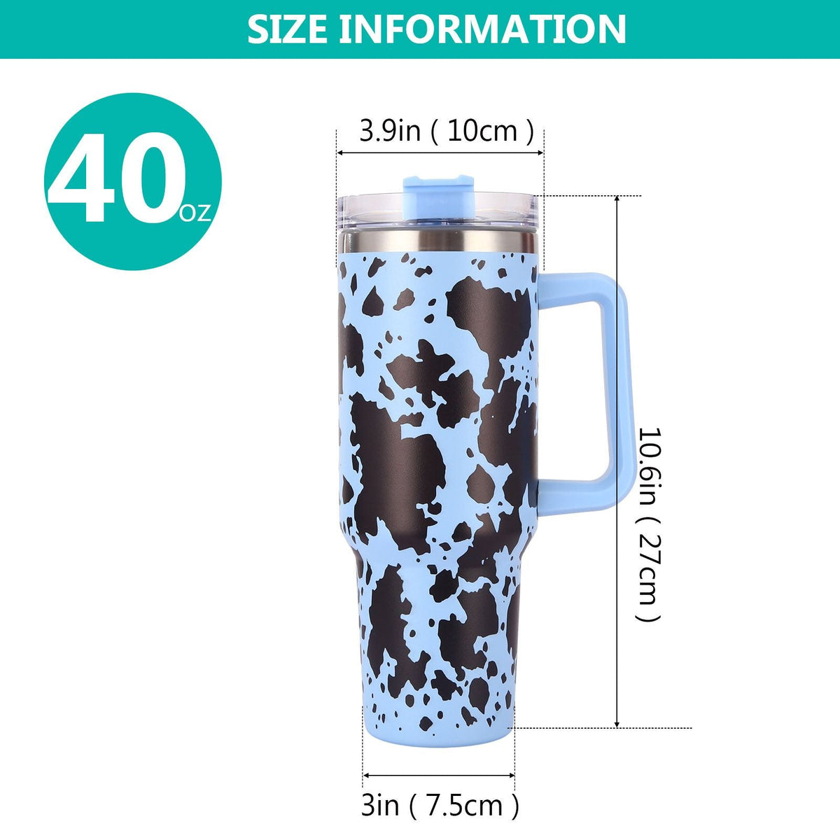EasyOptionXY 40oz cowprint insulated stainless steel tumbler with handle, straw lid, large capacity for travel, outdoor, and camping.