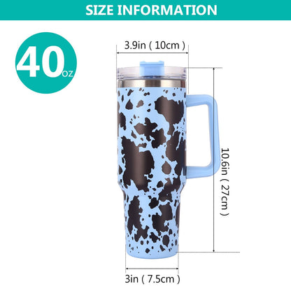 EasyOptionXY 40oz cowprint insulated stainless steel tumbler with handle, straw lid, large capacity for travel, outdoor, and camping.