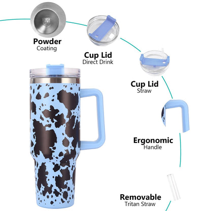EasyOptionXY 40oz cowprint insulated stainless steel tumbler with handle, straw lid, large capacity for outdoor sports, travel, camping