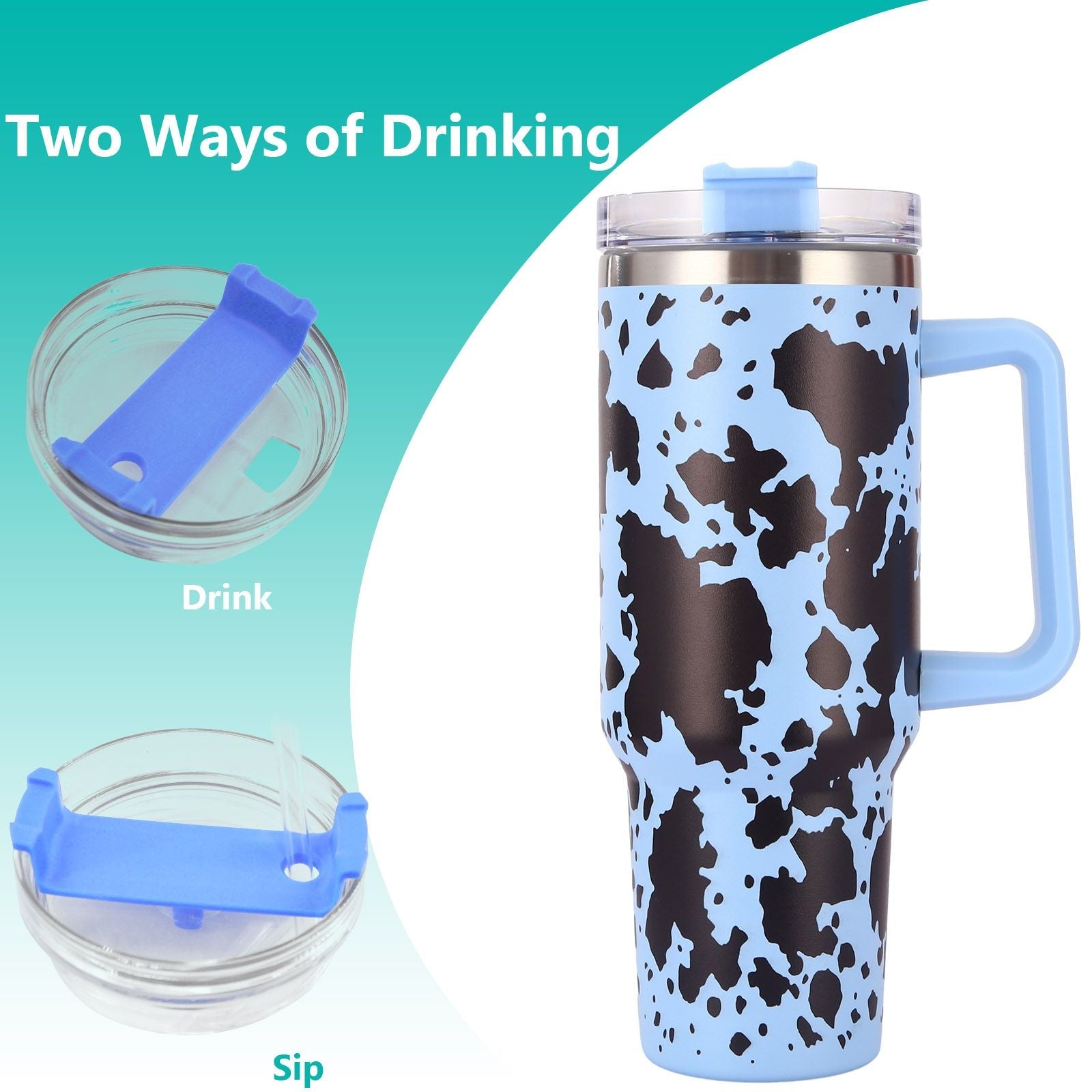 EasyOptionXY 40oz cowprint insulated stainless steel tumbler with handle, straw lid, large capacity for travel, outdoor, and camping.