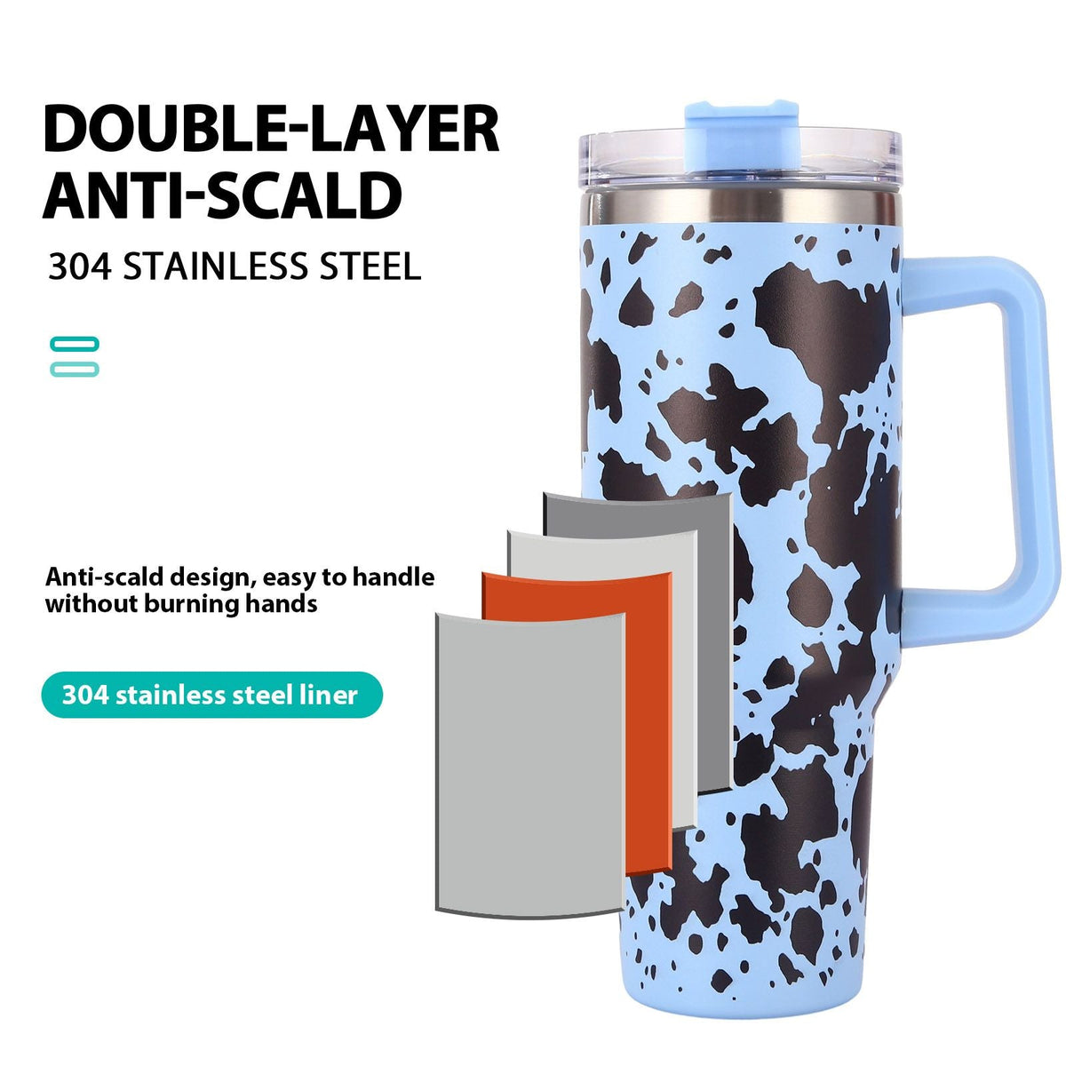 EasyOptionXY 40oz cowprint insulated stainless steel tumbler with handle, straw lid, large capacity, ideal for travel, camping, and outdoor use.