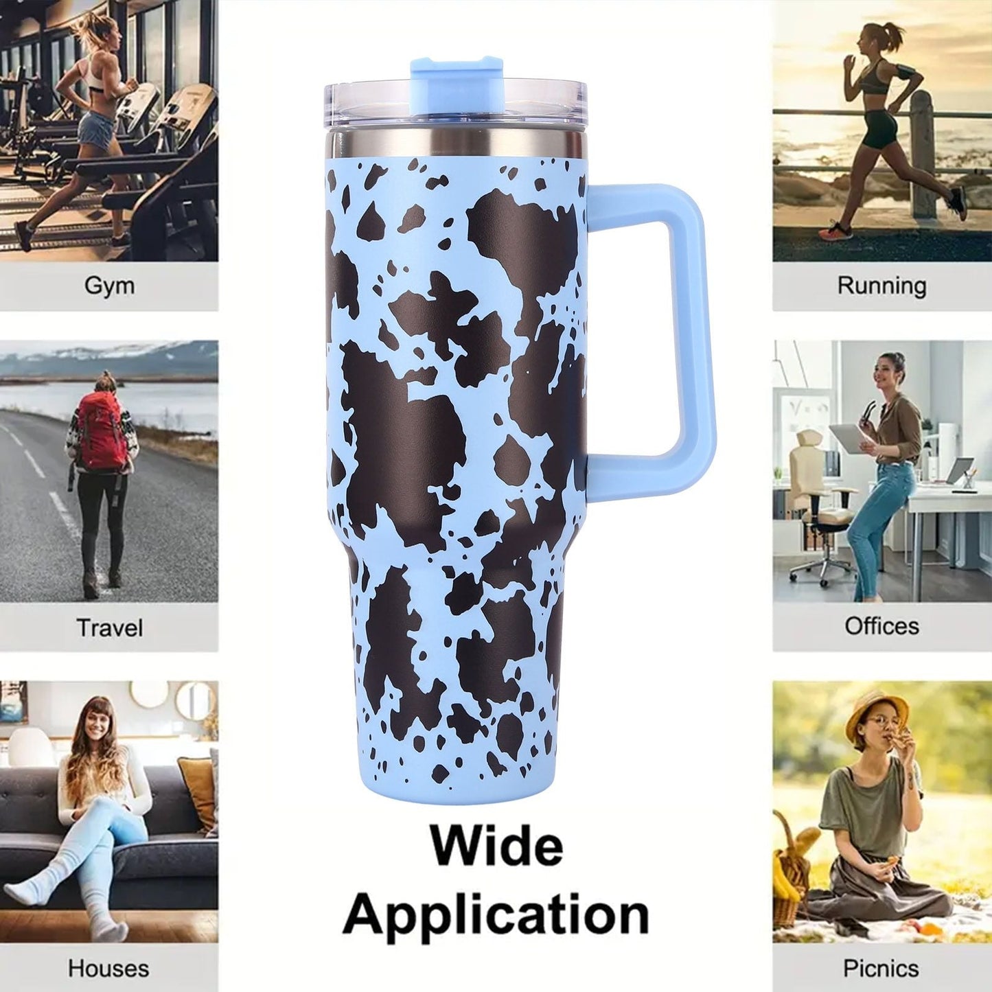 EasyOptionXY 40oz cowprint insulated stainless steel tumbler with handle, straw lid, large capacity, perfect for outdoor and travel use.