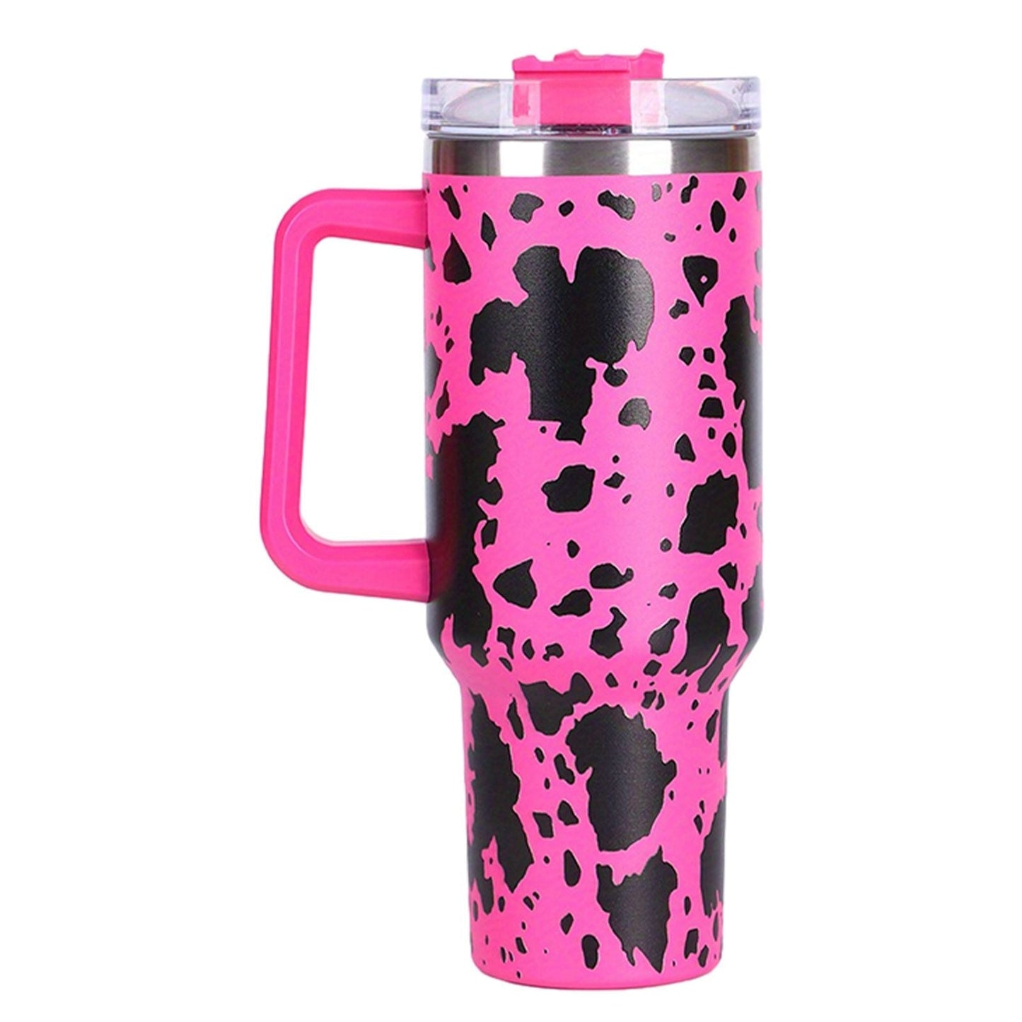 EasyOptionXY 40oz cowprint insulated stainless steel tumbler with handle, straw lid, large capacity for outdoor, travel, and camping.