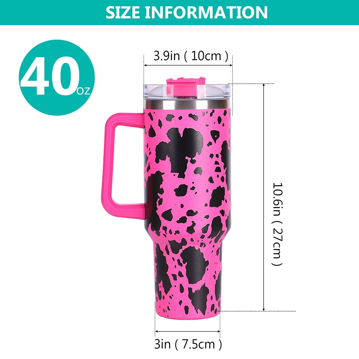 EasyOptionXY 40oz cowprint insulated stainless steel tumbler with handle, straw lid, large capacity, ideal for outdoor, travel, camping