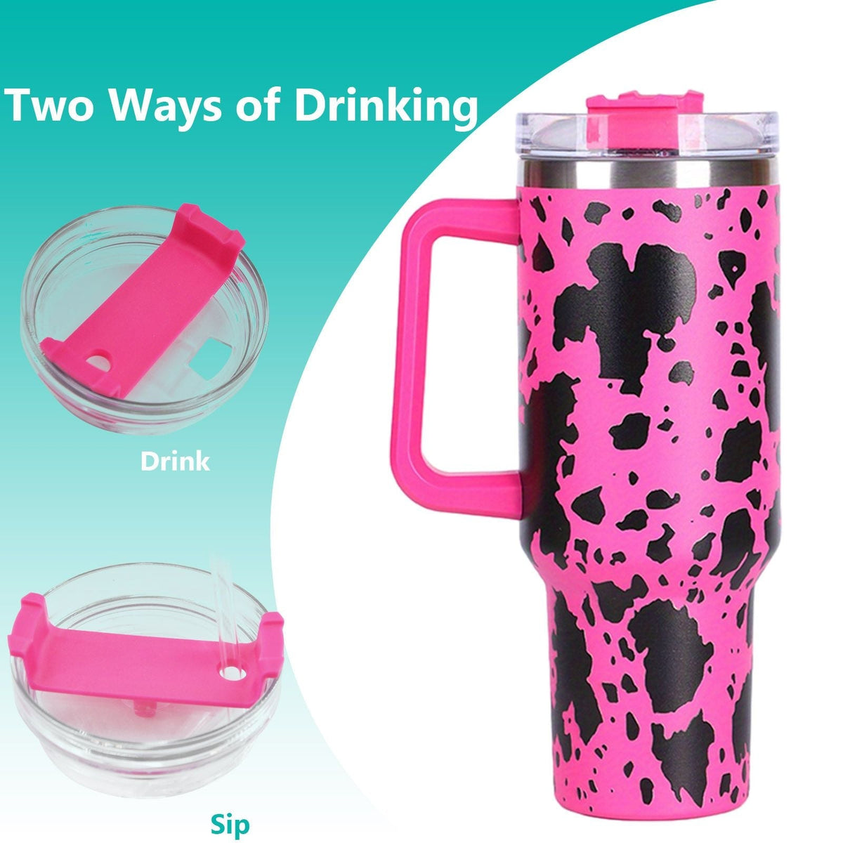 EasyOptionXY 40oz cowprint insulated stainless steel tumbler with handle and straw lid, large capacity water bottle for travel and outdoor use