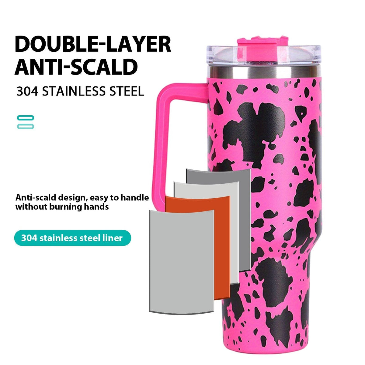 EasyOptionXY 40oz cowprint insulated stainless steel tumbler with handle, straw lid, large capacity for travel, outdoor, and camping.