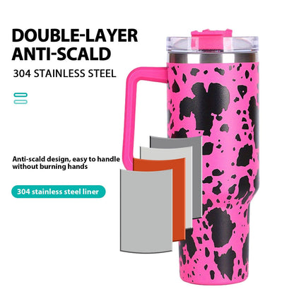 EasyOptionXY 40oz cowprint insulated stainless steel tumbler with handle, straw lid, large capacity for travel, outdoor, and camping.