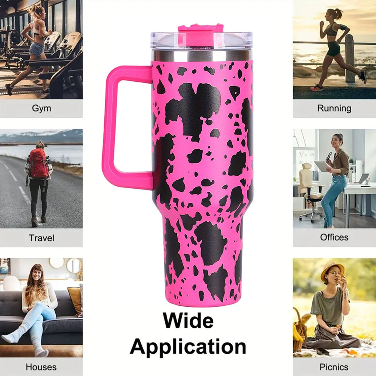 EasyOptionXY 40oz cowprint insulated stainless steel tumbler with handle, straw lid, large capacity for outdoor, travel, and camping use.