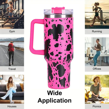 EasyOptionXY 40oz cowprint insulated stainless steel tumbler with handle, straw lid, large capacity for outdoor, travel, and camping use.