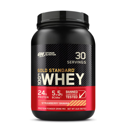 Optimum Nutrition Gold Standard 100% Whey Protein Powder in Strawberry Banana flavor, 2-pound package with colorful label.
