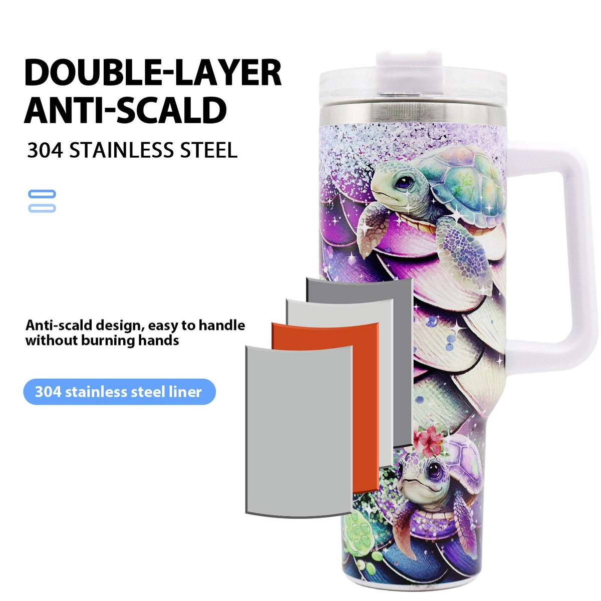 EasyOptionXY 40oz stainless steel water bottle from the 5D Little Turtle series with lid and straw, ideal for camping and outdoor activities.