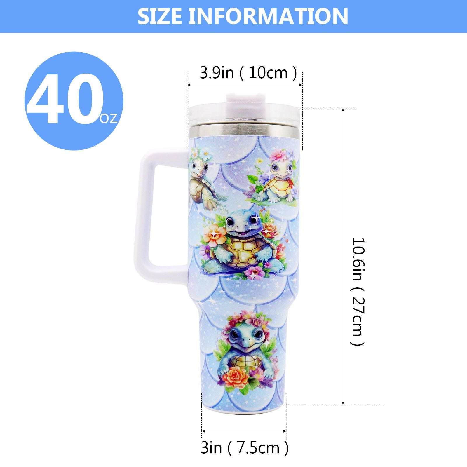 EasyOptionXY 40oz stainless steel turtle tumbler with lid and straw, large capacity insulated water bottle for camping and outdoor activities