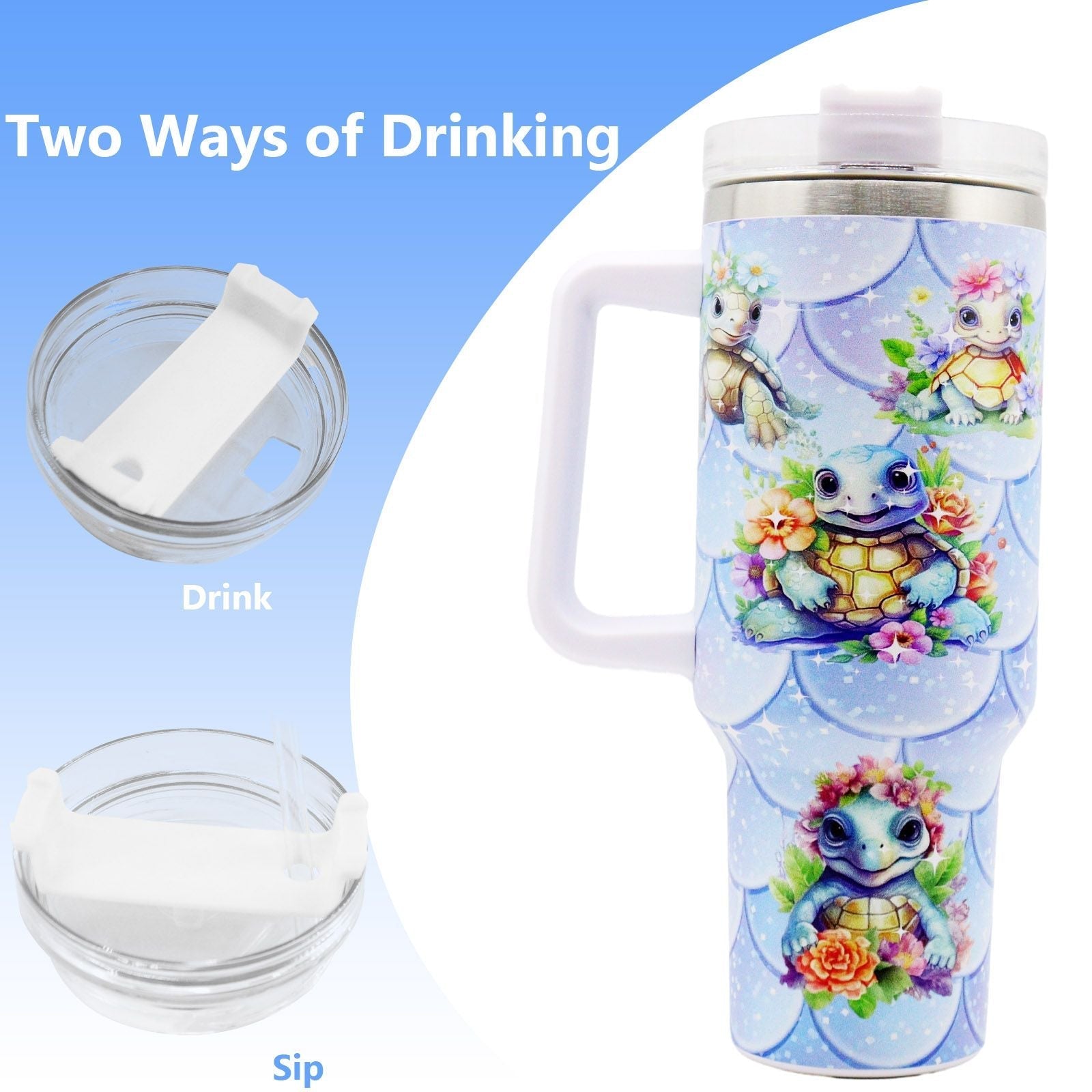 EasyOptionXY 40oz stainless steel water bottle from 5D Little Turtle Series with lid and straw, ideal for camping and outdoor activities.