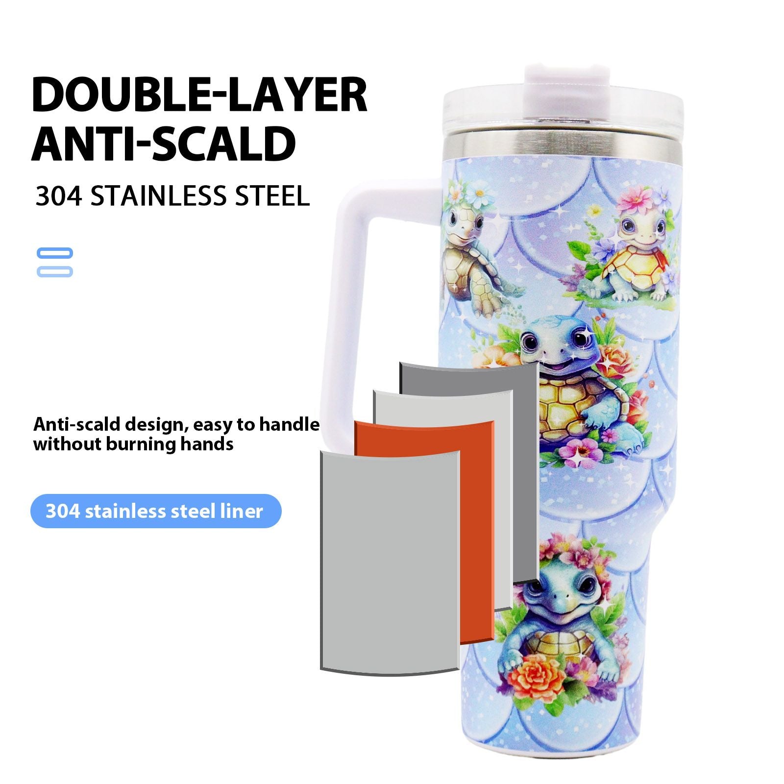 EasyOptionXY 40oz stainless steel water bottle from the 5D Little Turtle Series with lid and straw, ideal for camping and outdoor use