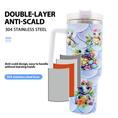 EasyOptionXY 40oz stainless steel water bottle from the 5D Little Turtle Series with lid and straw, ideal for camping and outdoor use