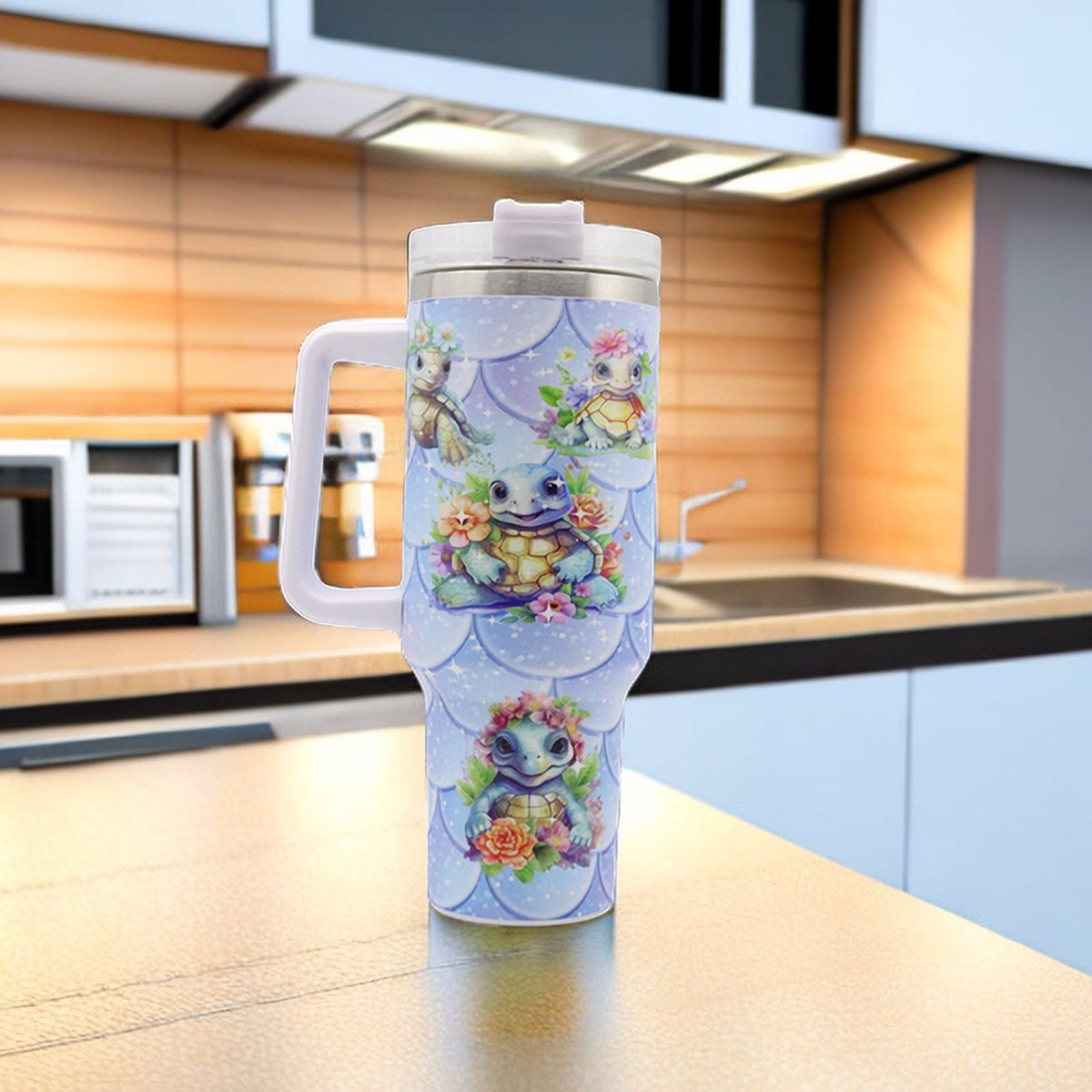 EasyOptionXY 40oz stainless steel water bottle from the Little Turtle Series with lid and straw, ideal for camping and outdoor activities.