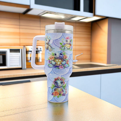 EasyOptionXY 40oz stainless steel water bottle from the Little Turtle Series with lid and straw, ideal for camping and outdoor activities.