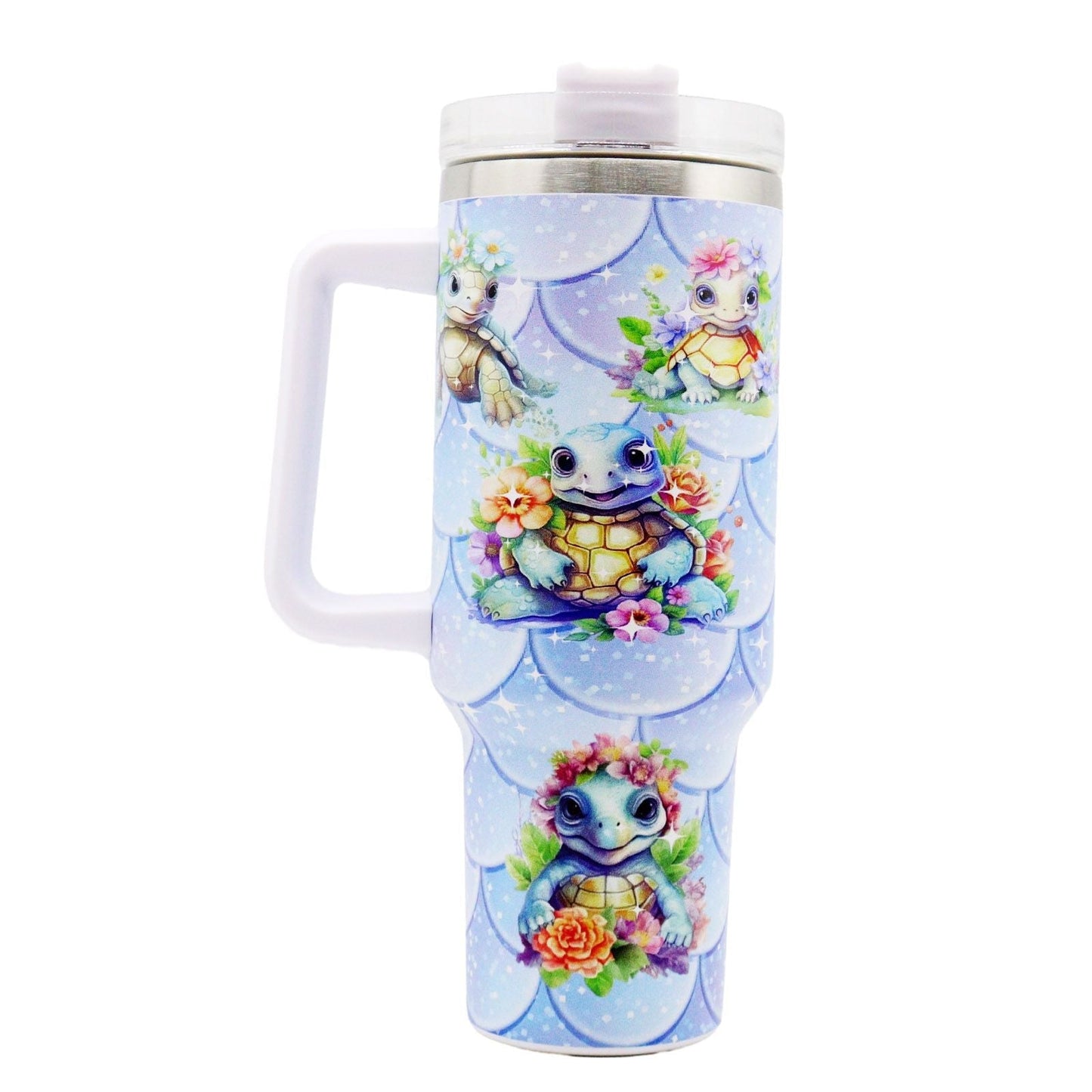EasyOptionXY 40oz stainless steel water bottle with turtle design, lid, and straw, ideal for camping, driving, and outdoor activities.