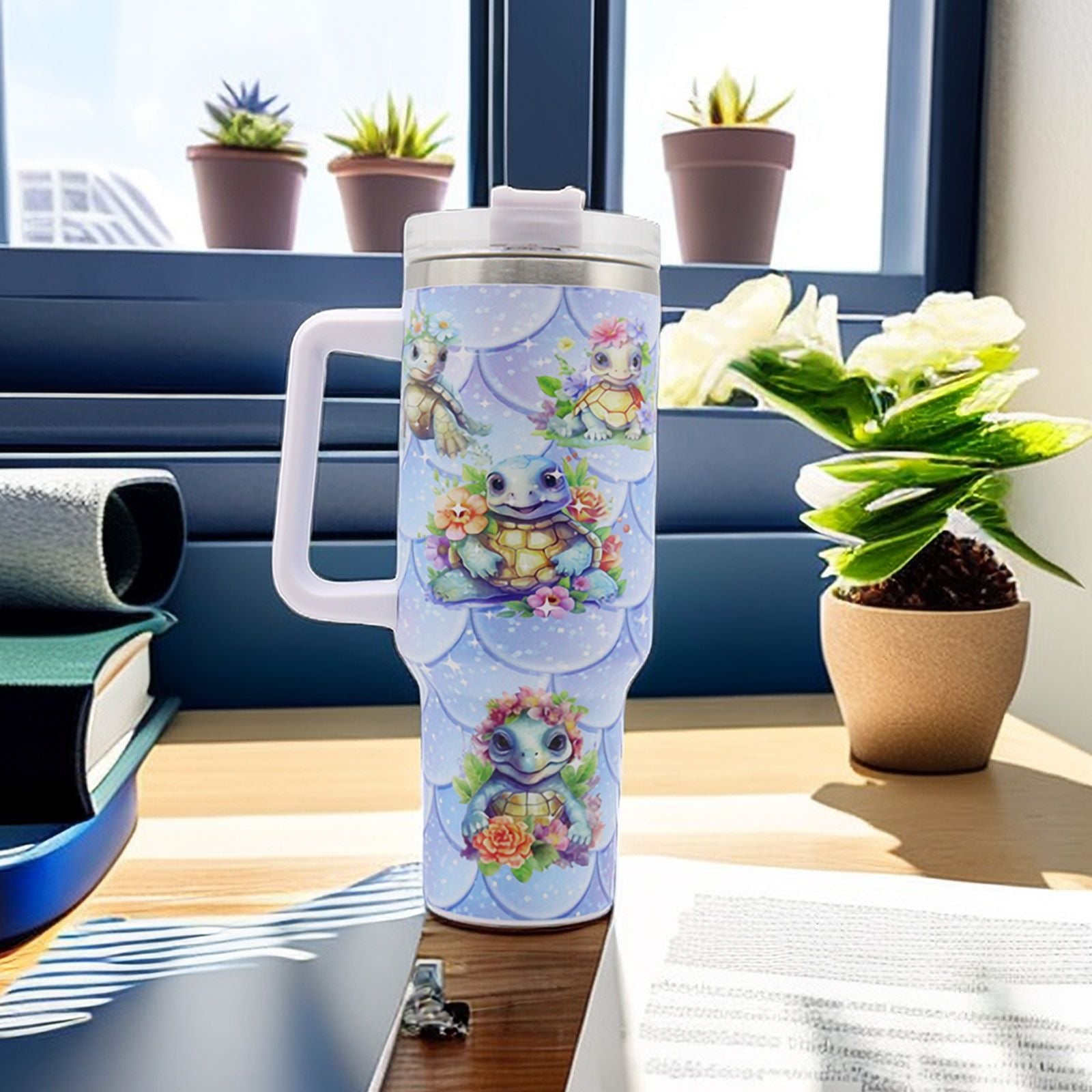 EasyOptionXY 40oz stainless steel turtle tumbler with lid and straw, large capacity insulated water bottle for camping and outdoor activities.