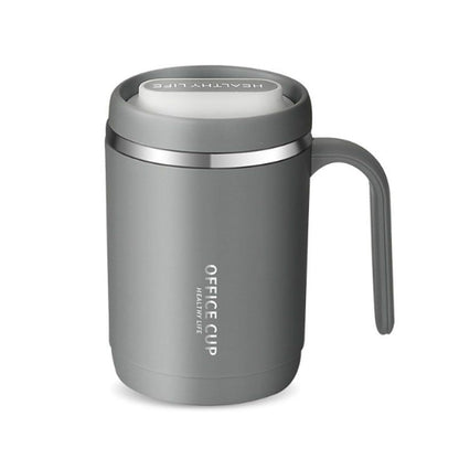 Stainless steel 16 oz tumbler with splash-proof sliding lid, plastic housing, open drink spout, durable coffee mug, no straw included