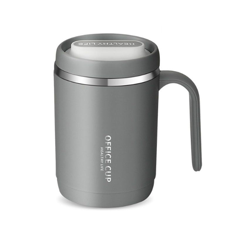 EasyOptionXY 16 oz stainless steel tumbler with splash-proof sliding lid, durable coffee mug, plastic housing, open lid, no straw included.