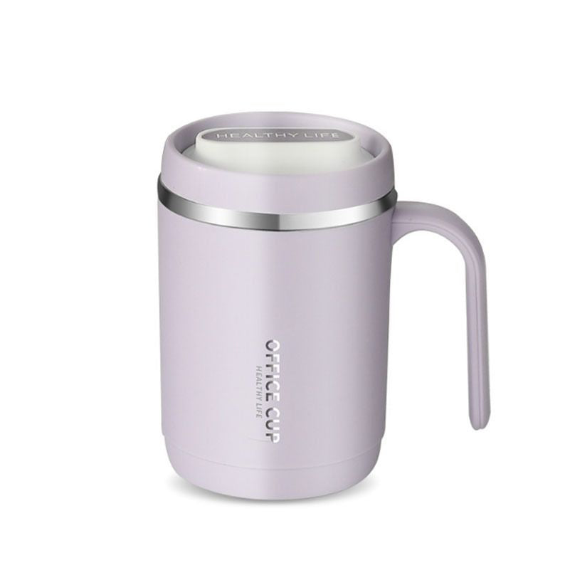 Stainless steel 16 oz tumbler with splash-proof sliding lid, plastic housing, open drink opening, and durable construction.