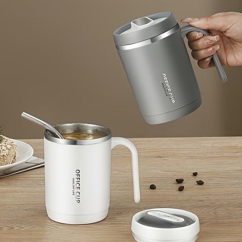 Stainless steel 16 oz tumbler with splash-proof sliding lid, durable coffee mug, plastic housing, open lid, no straw included.