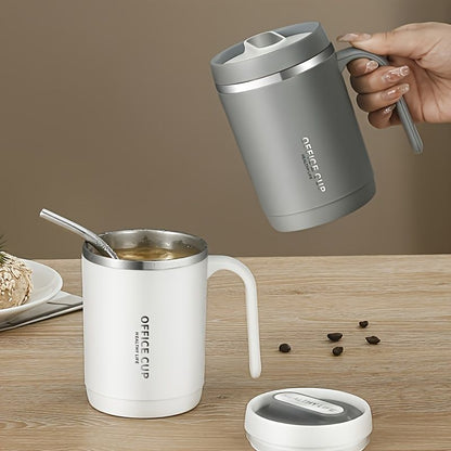 Stainless steel 16 oz tumbler with splash-proof sliding lid, durable coffee mug, plastic housing, open lid, no straw included.