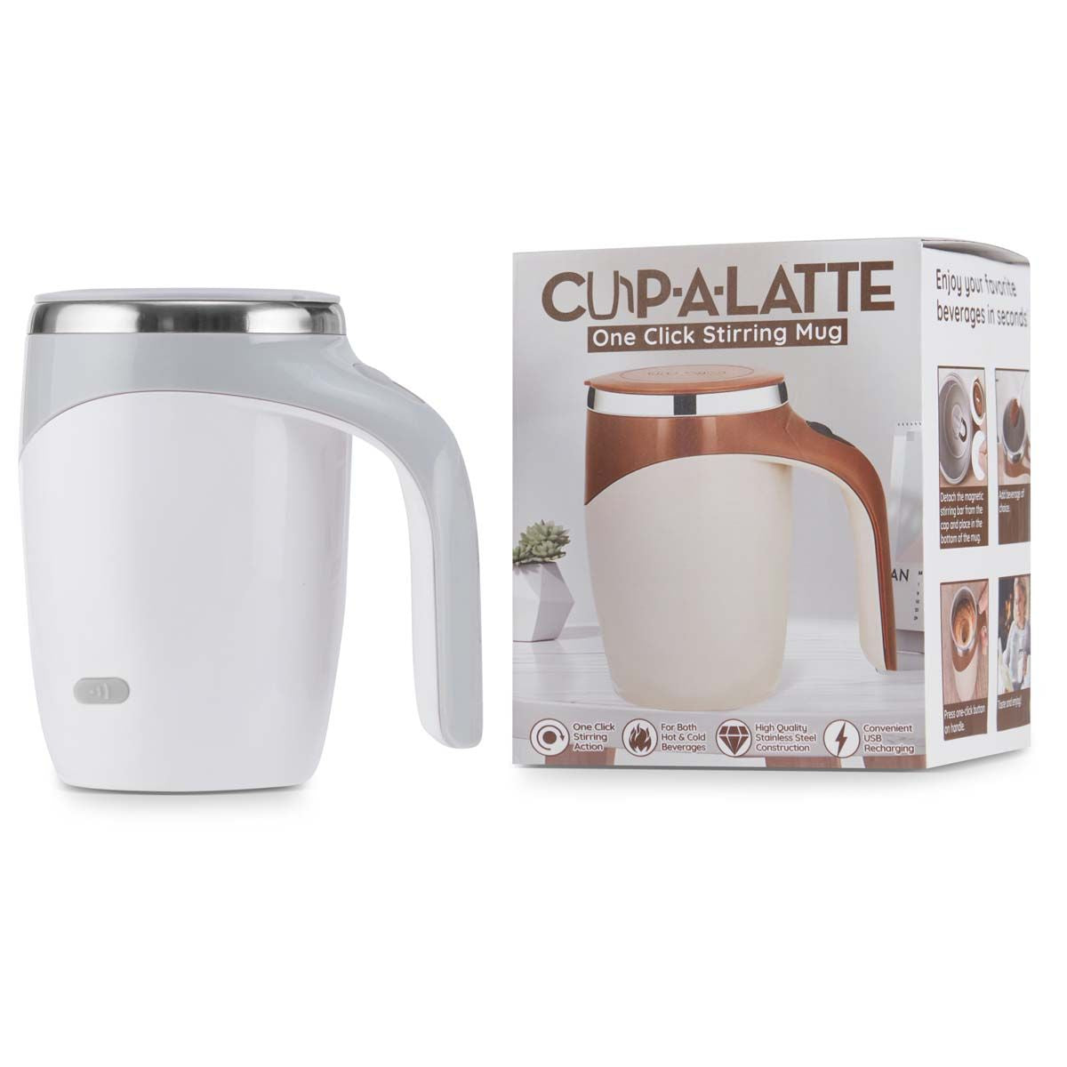 EasyOptionXY CUP A LATTE self-stirring mug with a sleek design, ideal for convenient coffee and latte mixing.