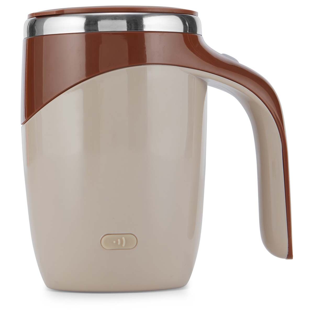 EasyOptionXY self-stirring latte mug with a sleek design, featuring a button for automatic blending and a comfortable handle.