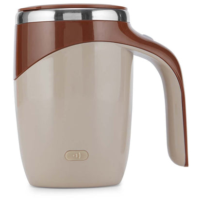 EasyOptionXY self-stirring latte mug with a sleek design, featuring a button for automatic blending and a comfortable handle.