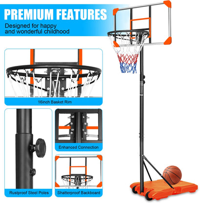 Adjustable kids basketball hoop by GBruno Store with wheels, height range 5.6 to 7 feet, suitable for outdoor play.