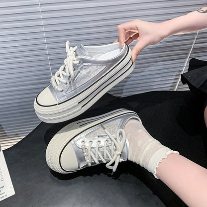 White women’s breathable mesh closed-toe mules, lightweight casual slip-on shoes with versatile design