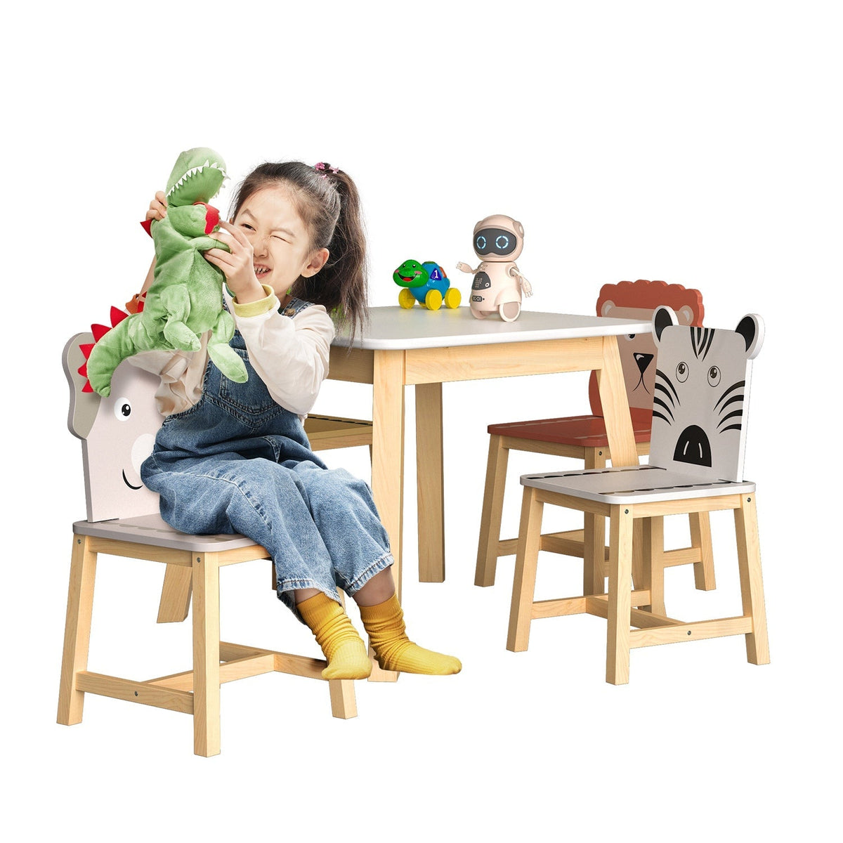 Kids furniture set featuring a 5-piece GBruno Store table and chairs with colorful animal designs for children.