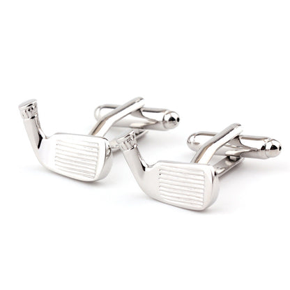 Golf racket-shaped plain metal French shirt men's cufflinks in silver tone