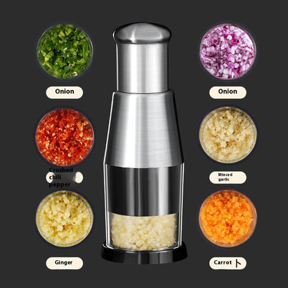 Manual garlic crusher and onion chopper vegetable press kitchen gadget with compact handheld design