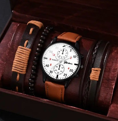 Single calendar fake three-eye canvas quartz watch bracelet set, black and green design