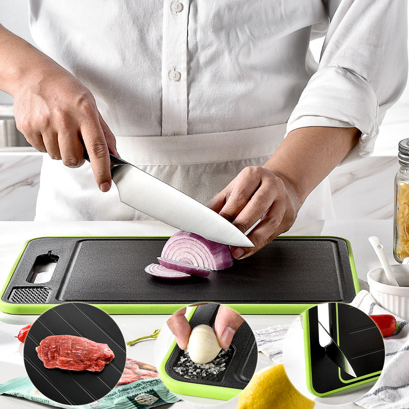 Double-sided cutting board with defrosting surface, chopping area, and built-in knife sharpener