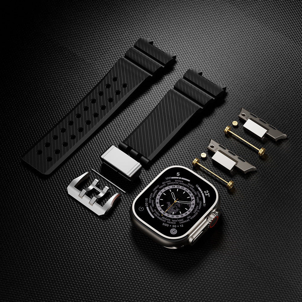 Black sports silicone watch strap, durable flexible replacement band.
