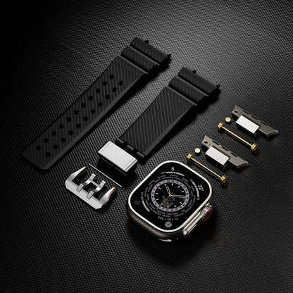 Black sports silicone watch strap, durable flexible replacement band.