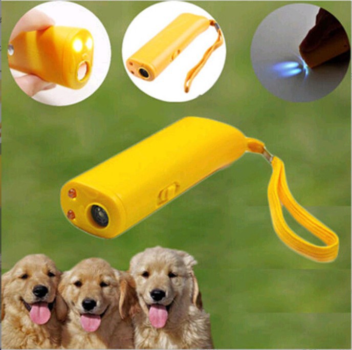 Boxed battery-free ultrasonic dog dispeller and trainer with flashlight for barking dogs