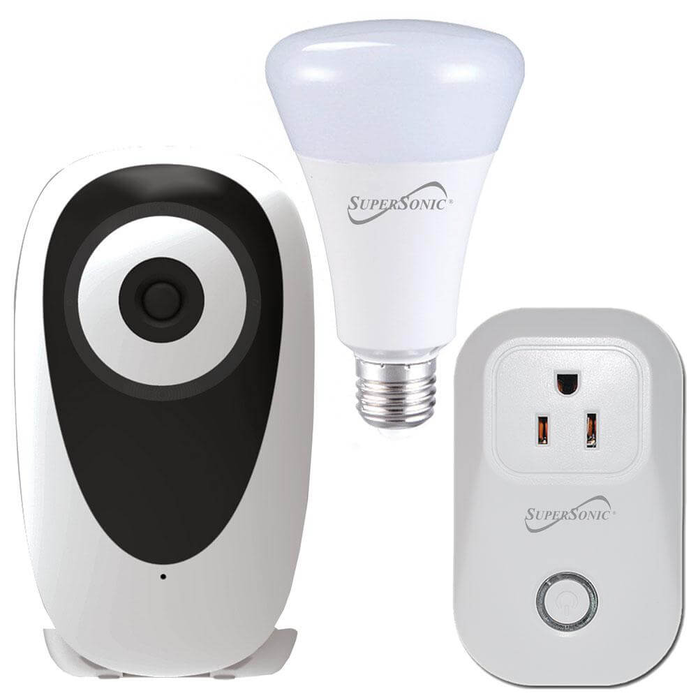 Supersonic smart home starter kit with HD camera, WiFi-enabled plug, and smart bulb for home automation.