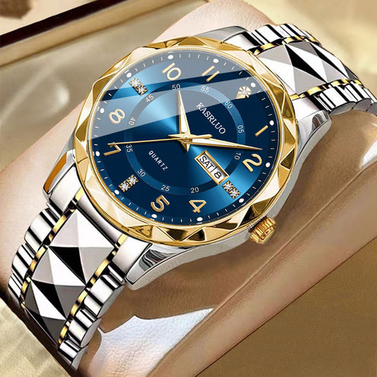 Men's dual calendar waterproof luminous quartz watch, black dial with analog hands and date display