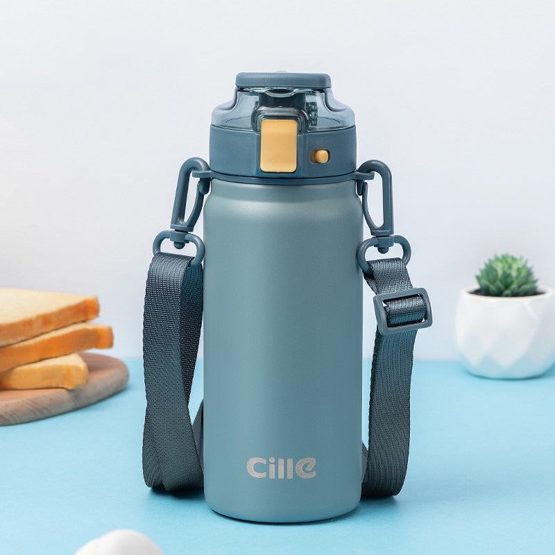Insulated steel water flask by BACKUPMYFILESNOW® with a large volume, featuring a sleek design and a secure lid for hot or cold beverages.
