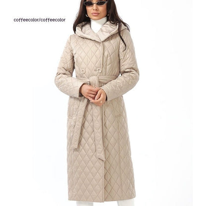 Hooded padded cotton winter coat in a lightweight design, shown in a neutral color