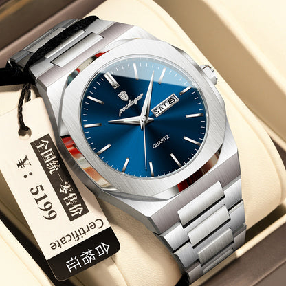 Men's waterproof luminous quartz watch with dark dial, luminous hands, and durable wristband
