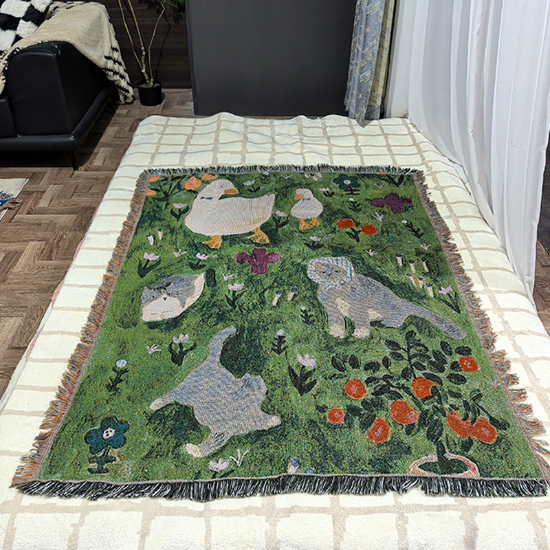 Ancient-style artistic tapestry knitted throw blanket draped over a sofa