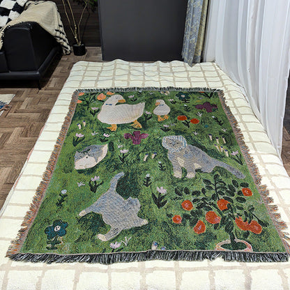Ancient-style artistic tapestry knitted throw blanket draped over a sofa