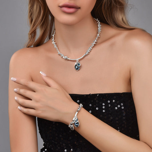 Twisted gold bead bracelet with blue zircon oval and round charm for women, dainty ocean blue jewelry